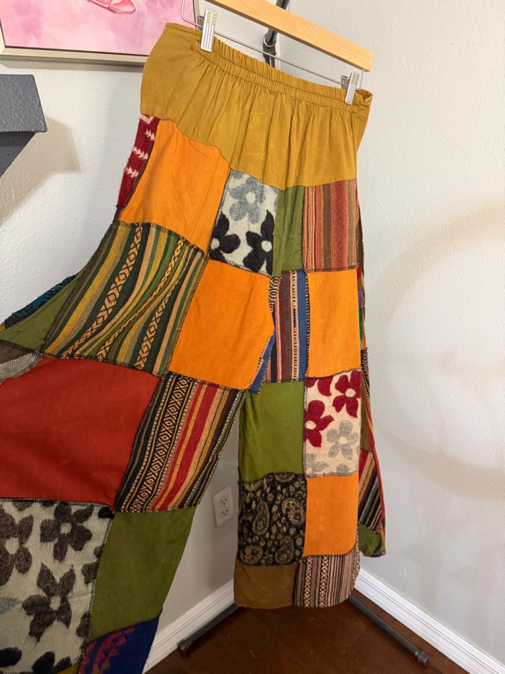 Boho Patchwork Wide Leg Pants Cotton Nepal Festival Hippie Lounge M/L NWT - Picture 7 of 10